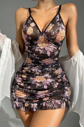 لباس مشکی زنانه بافتنی پلی اورتان طرح گلدار ریلکس بند دار پوشاک ساحلی کد 829696545