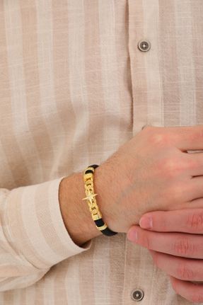 دستبند جواهر طلائی مردانه چرم طبیعی کد 765758326
