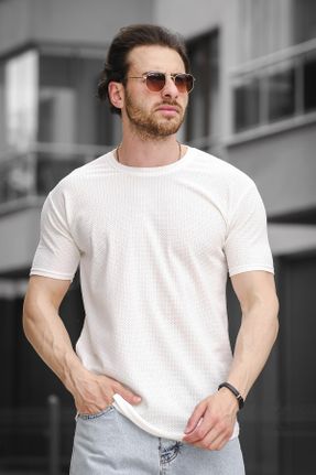 تی شرت سفید مردانه اسلیم فیت یقه گرد پنبه - پلی استر - الاستن تکی طراحی کد 825239233
