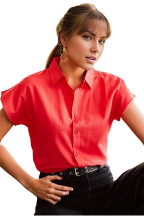پیراهن قرمز زنانه بافت یقه پیراهنی رگولار کد 826622303