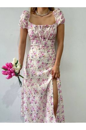 لباس سفید زنانه بافتنی مخلوط پلی استر طرح گلدار Fitted آستین-کوتاه کد 678897455