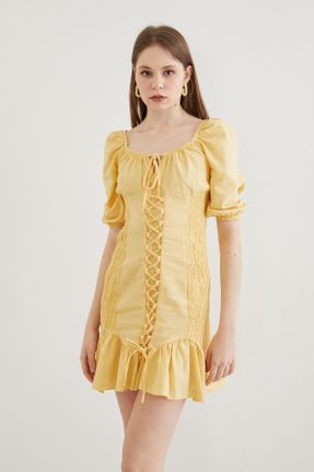 لباس زرد زنانه بافتنی کتان راحت آستین-کوتاه کد 708850960