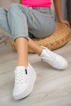 کفش اسنیکر سفید زنانه بند دار چرم مصنوعی کد 636344695