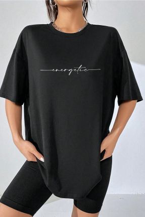 تی شرت مشکی زنانه یقه گرد پنبه (نخی) رگولار تکی طراحی کد 810600854