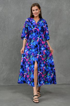 لباس آبی زنانه بافتنی مخلوط پلی استر طرح گلدار گلوژ آستین-کوتاه کد 830107796