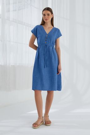 لباس آبی زنانه بافتنی پنبه - پلی استر - الاستن رگولار آستین-کوتاه بیسیک کد 830145197