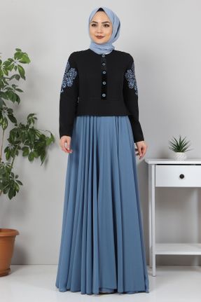 لباس مجلسی آبی زنانه یقه گرد شیفون آستین استاندارد رگولار کد 117905722