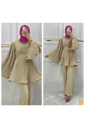 ست بالاتنه و پائین تنه حجاب بژ زنانه ساق پهن PIRLANTA GİYİM - کد 828783851