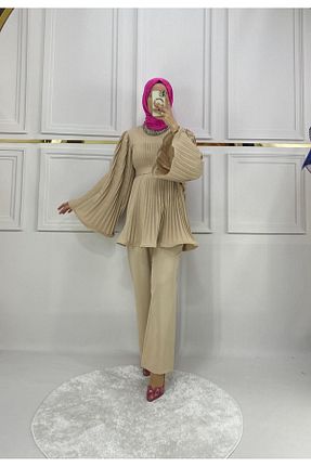 ست بالاتنه و پائین تنه حجاب بژ زنانه ساق پهن PIRLANTA GİYİM - کد 828783851