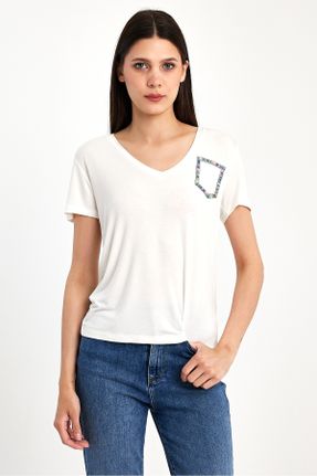 تی شرت سفید زنانه ریلکس یقه هفت بیسیک کد 827314535