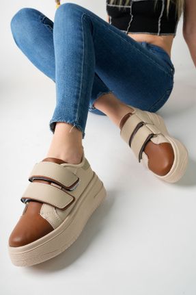 کفش اسنیکر قهوه ای زنانه چسبی چرم مصنوعی کد 771527054