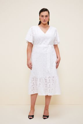 لباس سفید زنانه بافتنی پنبه - پلی استر طرح گلدار Fitted کد 823728246