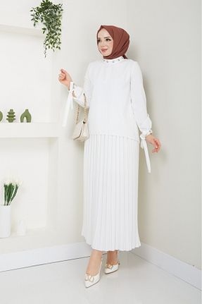 ست بالاتنه و پائین تنه حجاب سفید زنانه Kalem ECK MODA - کد 826497271