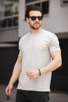 تی شرت طوسی مردانه پنبه - پلی استر - الاستن یقه گرد اسلیم فیت تکی طراحی کد 825214754