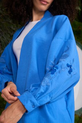 کیمونو آبی زنانه مخلوط کتان بافتنی کد 830572590