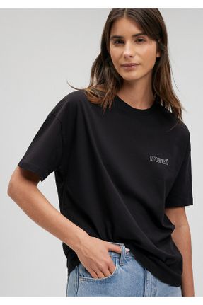 تی شرت مشکی زنانه ریلکس یقه گرد پنبه (نخی) تکی بیسیک کد 355894678