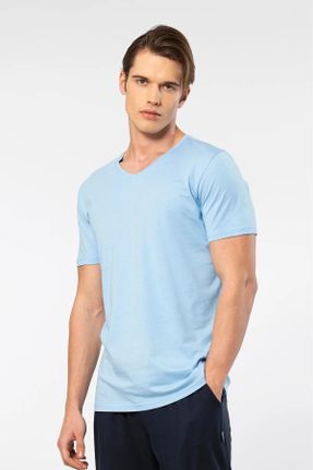 تی شرت آبی مردانه یقه هفت مودال- پنبه Fitted بیسیک کد 830687124
