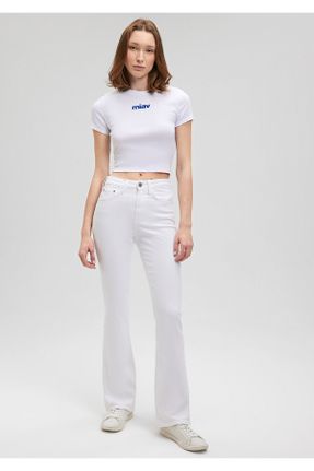 شلوار جین سفید زنانه پاچه اسپانیولی فاق بلند پنبه (نخی) ساده کد 823585141
