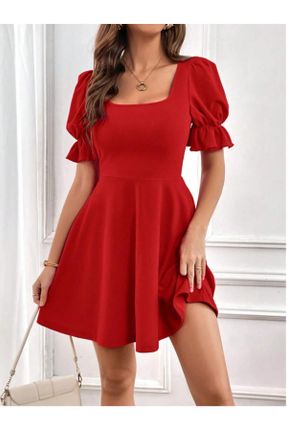 لباس قرمز زنانه بافت مخلوط پلی استر رگولار آستین-کوتاه بیسیک کد 822261235