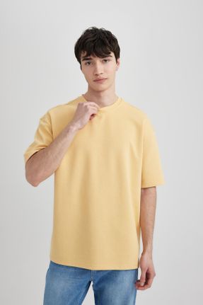 تی شرت زرد زنانه اورسایز یقه گرد پارچه ای تکی کد 825843638