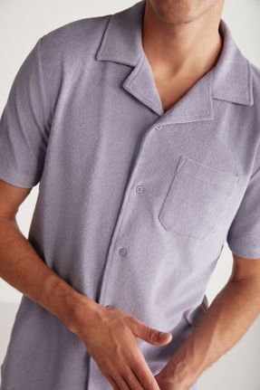 پیراهن بنفش مردانه ریلکس یقه پیراهنی پنبه (نخی) کد 696393839