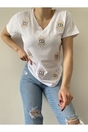 تی شرت سفید زنانه رگولار پنبه (نخی) یقه هفت تکی طراحی کد 828186048