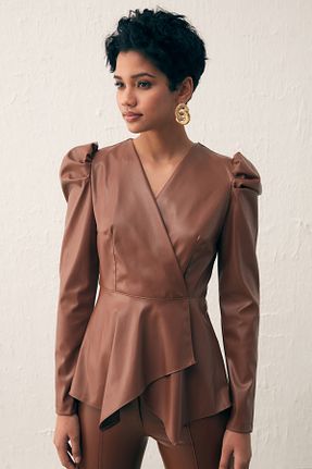 بلوز قهوه ای زنانه ساده Sateen - کد 455805254