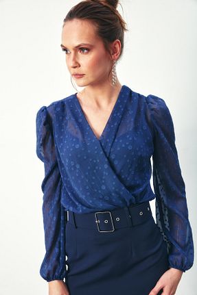 بلوز سرمه ای زنانه طرح دار Sateen - کد 813596982