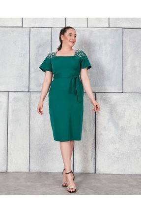 لباس مجلسی سایز بزرگ سبز زنانه یقه مربع سایز بزرگ آستین کوتاه کد 822771587
