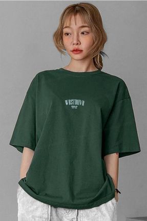 تی شرت سبز زنانه اورسایز یقه گرد پنبه (نخی) تکی پوشاک ورزشی کد 672719156