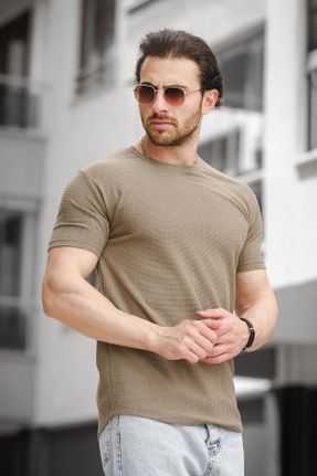 تی شرت خاکی مردانه اسلیم فیت یقه گرد پنبه - پلی استر - الاستن تکی طراحی کد 825239211