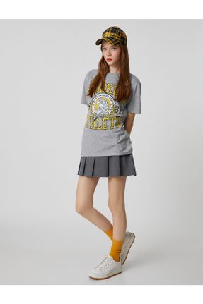 تی شرت طوسی زنانه پنبه - پلی استر ریلکس یقه گرد تکی کد 632899992