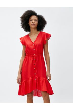 لباس قرمز زنانه بافتنی کتان ریلکس آستین-کوتاه کد 691048419