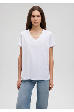 تی شرت سفید زنانه رگولار یقه هفت پنبه (نخی) تکی بیسیک کد 1832397