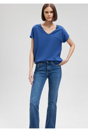 تی شرت آبی زنانه ریلکس یقه گرد پنبه (نخی) تکی بیسیک کد 99522412