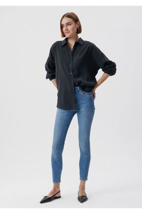 شلوار جین سرمه ای زنانه پاچه تنگ فاق بلند پنبه (نخی) استاندارد کد 226015635