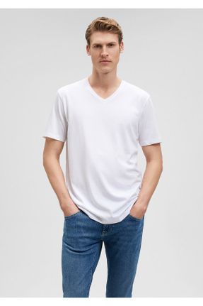 تی شرت سفید مردانه پنبه (نخی) یقه هفت Fitted تکی کد 4699921