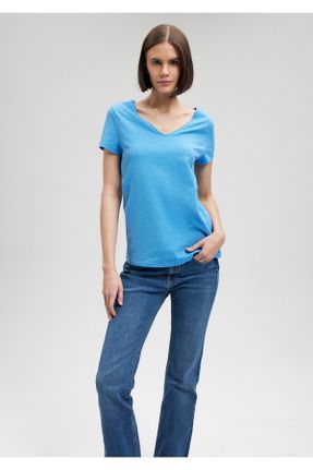 تی شرت آبی زنانه یقه گرد پنبه (نخی) تکی بیسیک کد 472721296