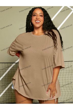 تی شرت خاکی زنانه اورسایز یقه گرد پوشاک ورزشی کد 830838173