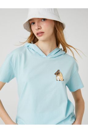 تی شرت آبی زنانه رگولار کلاه دار پنبه (نخی) تکی کد 466627499
