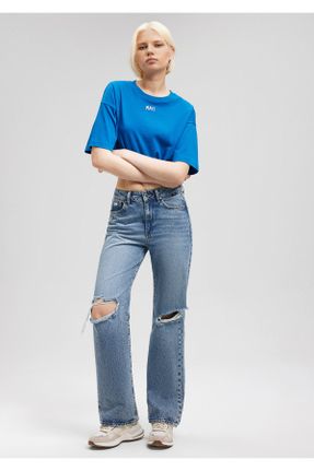 تی شرت آبی زنانه کراپ یقه گرد پنبه (نخی) تکی بیسیک کد 679289594