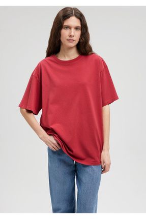 تی شرت قرمز زنانه اورسایز یقه گرد پنبه (نخی) تکی بیسیک کد 758689798