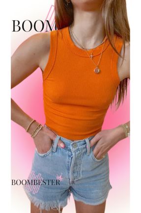 تی شرت نارنجی زنانه کراپ یقه هالتر لیکرا تکی جوان کد 824540323