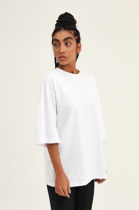 تی شرت سفید زنانه یقه گرد ریلکس تکی بیسیک کد 38773677