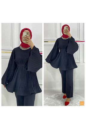 ست بالاتنه و پائین تنه حجاب مشکی زنانه ساق پهن PIRLANTA GİYİM - کد 828783838