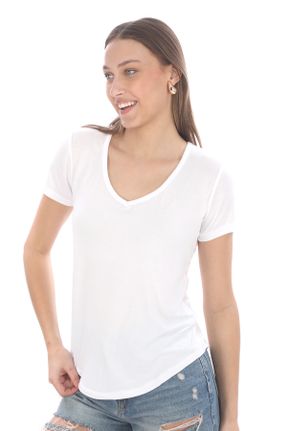 تی شرت سفید زنانه اسلیم فیت یقه هفت ویسکون تکی بیسیک کد 683145937