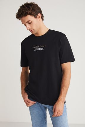 تی شرت مشکی مردانه یقه گرد ریلکس تکی جوان کد 800344625