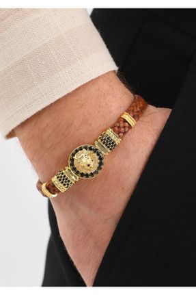 دستبند جواهر طلائی مردانه چرم طبیعی کد 743774892
