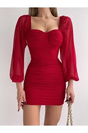 لباس قرمز زنانه بافتنی شیفون لباس پیراهنی آستین-بلند بیسیک کد 358719389