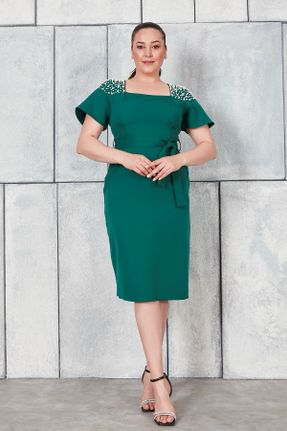لباس مجلسی سایز بزرگ سبز زنانه یقه مربع سایز بزرگ آستین کوتاه کد 822771587